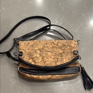 Tan and Black Cork Crossbody Bag with Leather Accents